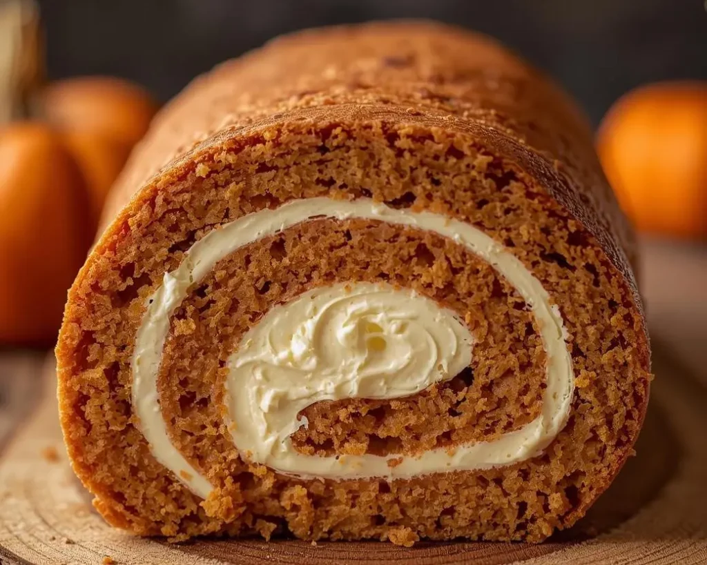 Pumpkin Roll Cake with creamy filling and powdered sugar swirl