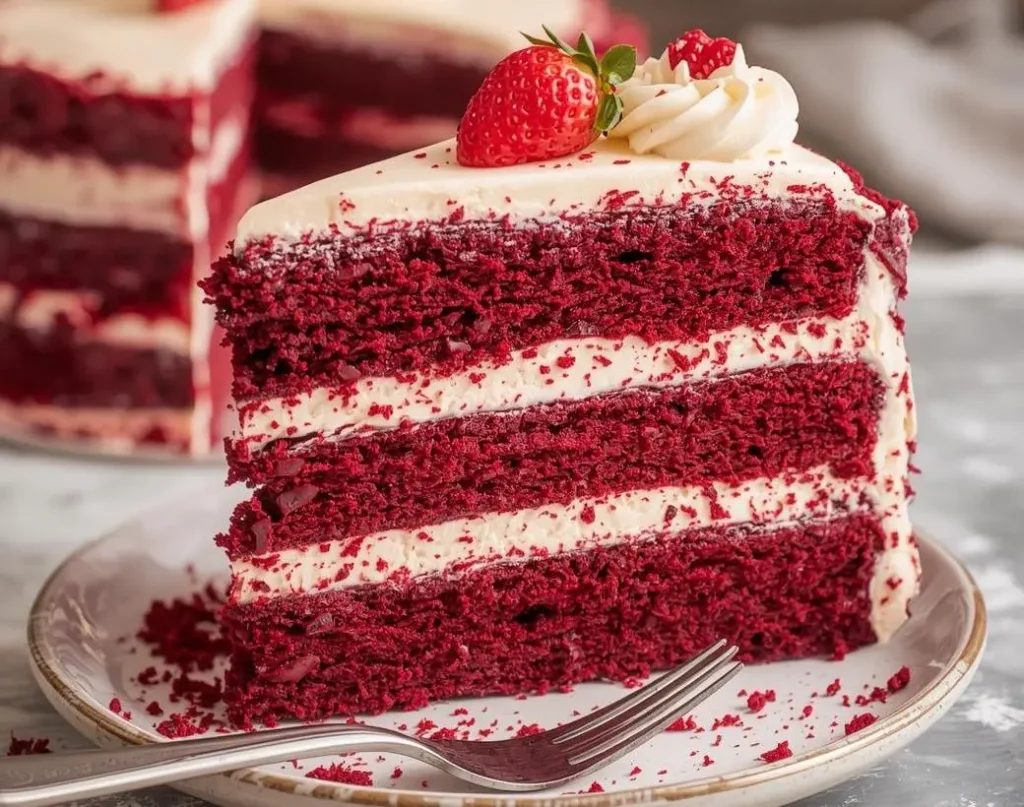 Red Velvet Cheesecake Layer Cake with creamy cheesecake filling and cream cheese frosting