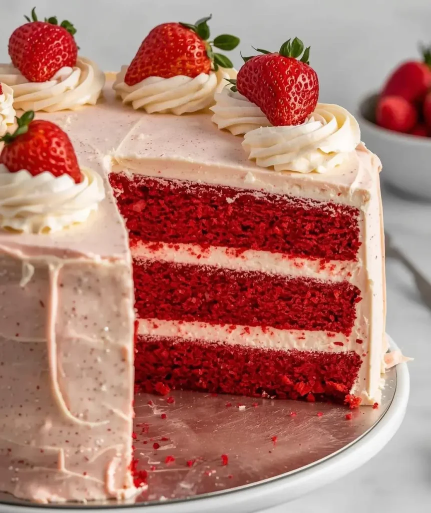 Red Velvet Strawberry Cream Cake with creamy layers and fresh strawberries on top