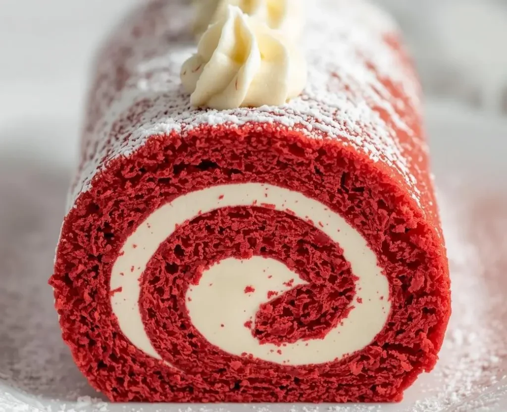 Red Velvet Swiss Roll Cake filled with creamy frosting and dusted with powdered sugar