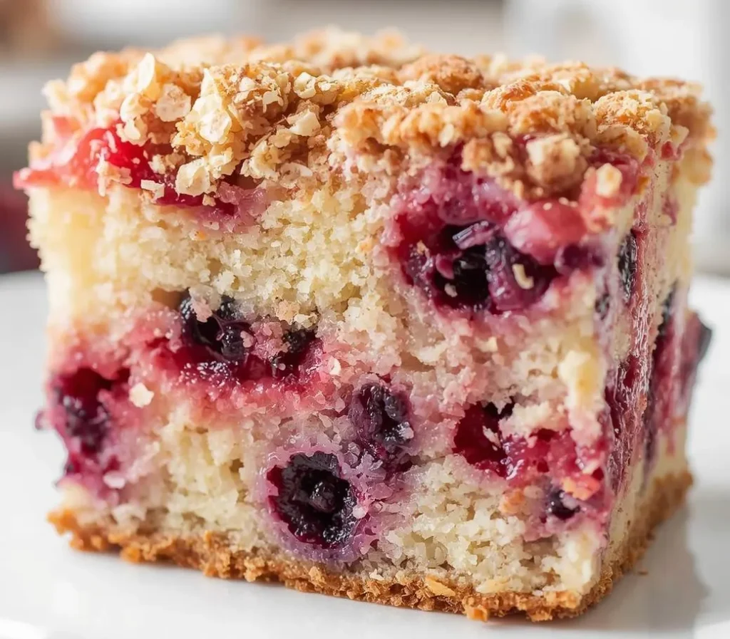 Strawberry Blueberry Crunch Cake with golden crumble topping and fresh berries