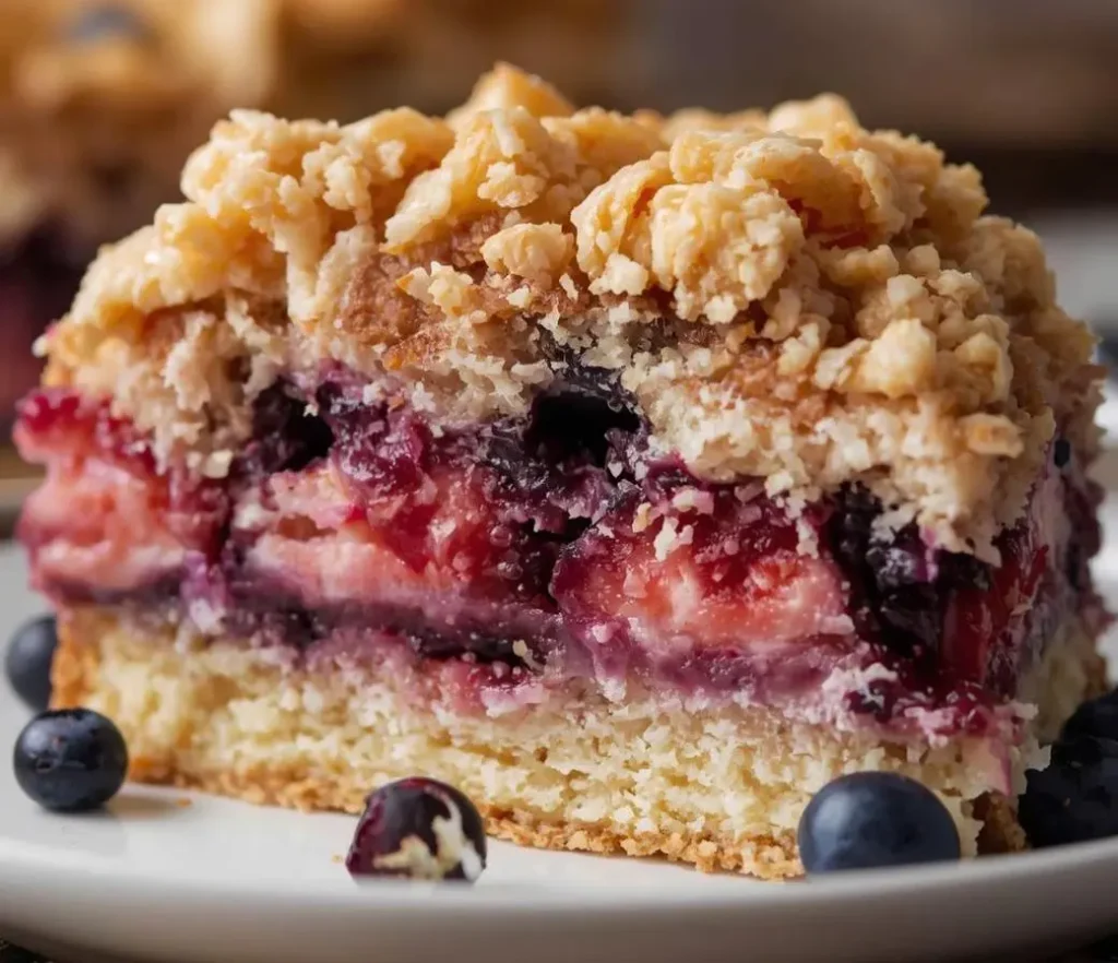 Strawberry Blueberry Crunch Cake topped with golden crumble and fresh berries on a white plate