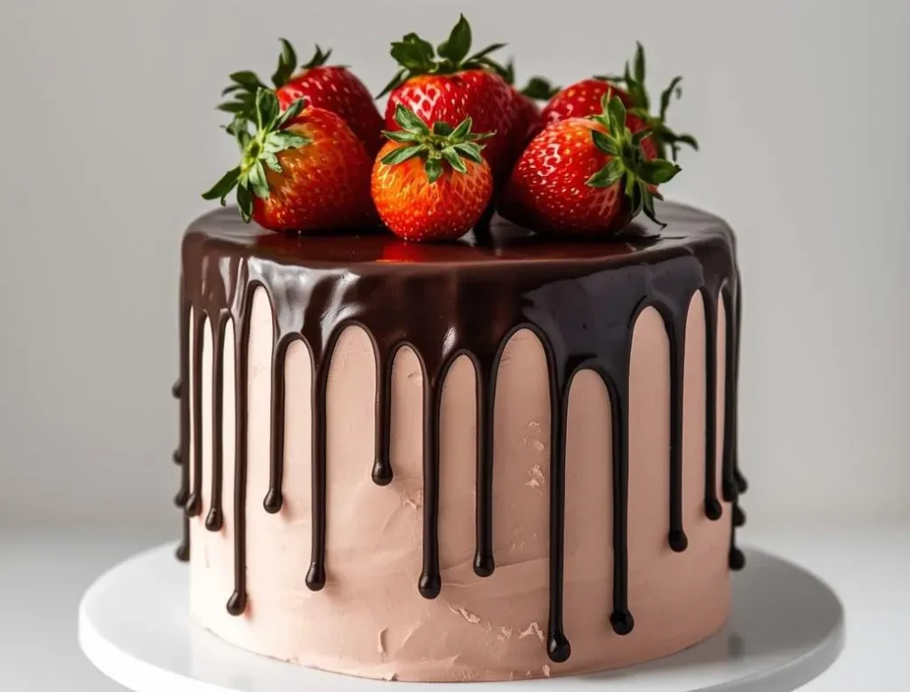 Strawberry Chocolate Drip Cake topped with fresh strawberries and glossy chocolate ganache.