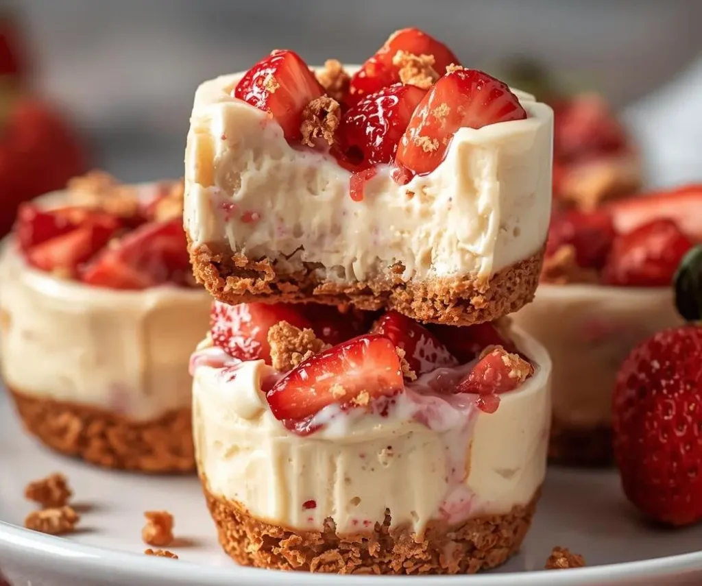 Strawberry Crunch Cheesecake Bites with creamy cheesecake filling and crunchy strawberry topping on a white plate