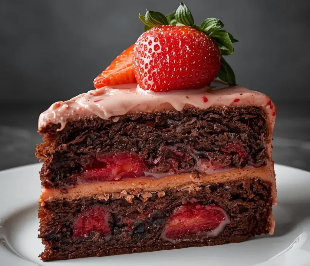 Strawberry Earthquake Cake with juicy strawberries and creamy topping on a white plate