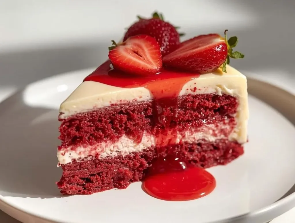 Strawberry Red Velvet Cheesecake topped with fresh strawberries and creamy layers