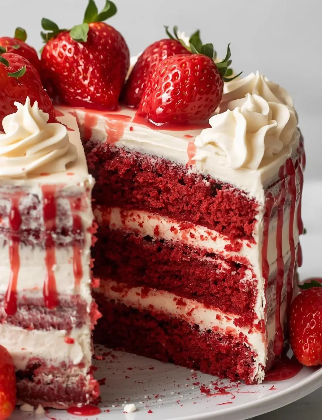 Strawberry Red Velvet Layer Cake with cream cheese frosting and fresh strawberry topping