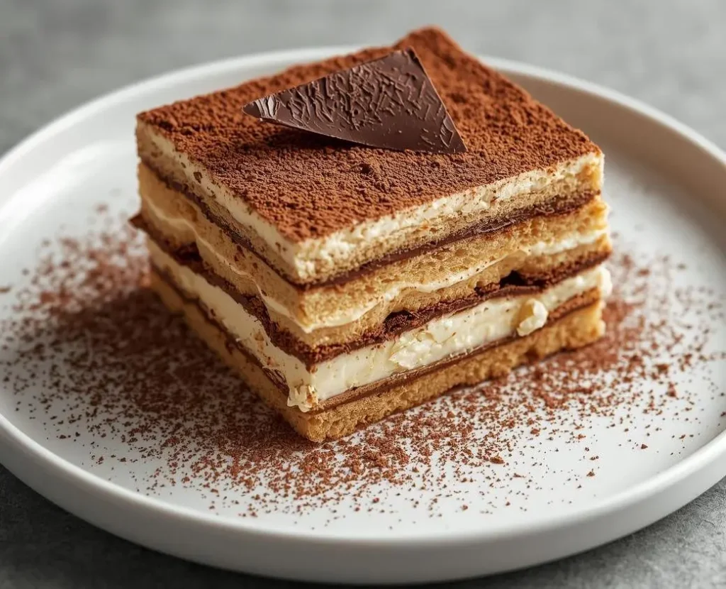 Tiramisu Cake with creamy mascarpone layers, coffee-soaked ladyfingers, and cocoa dusting