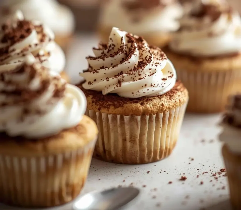 Tiramisu Cupcake topped with creamy mascarpone frosting and cocoa powder, ready to serve