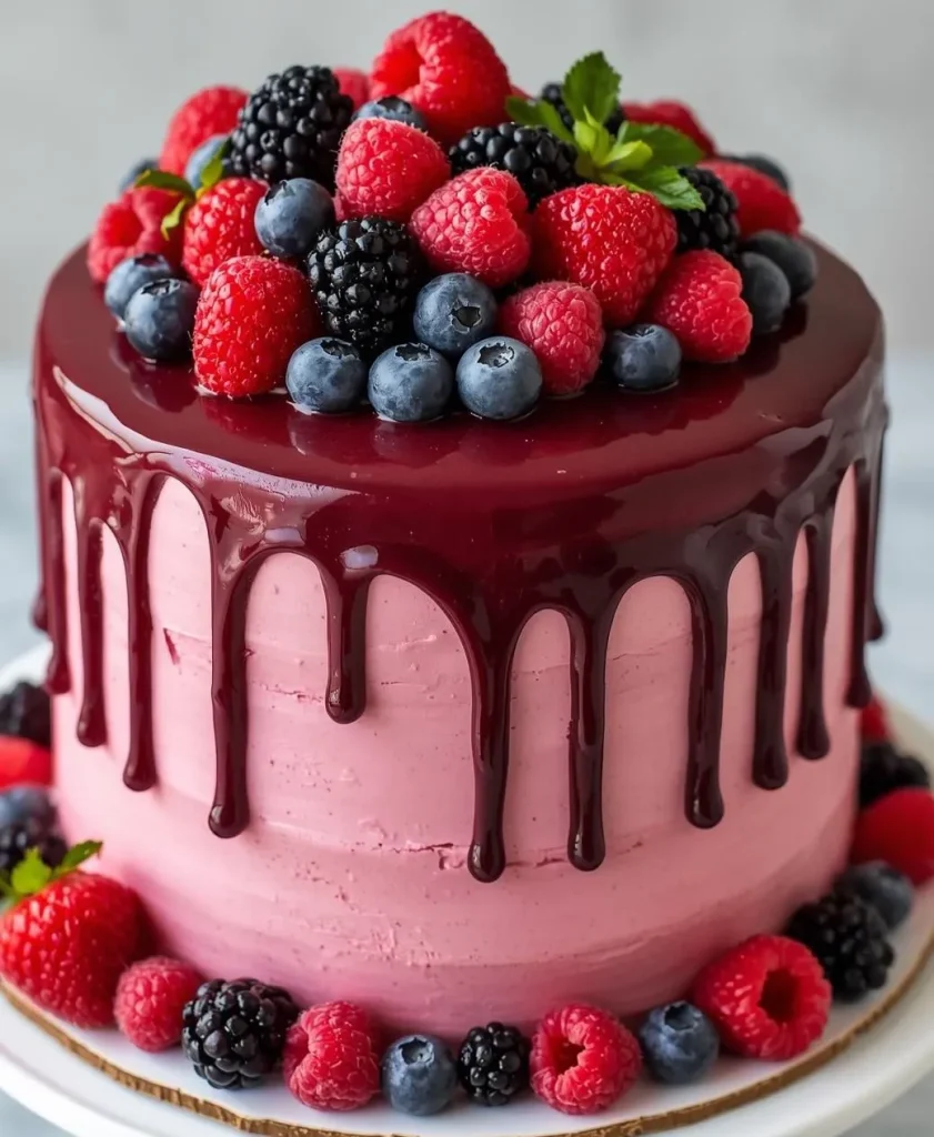 Triple Berry Drip Cake with fresh strawberries, blueberries, and raspberries dripping with glossy berry glaze