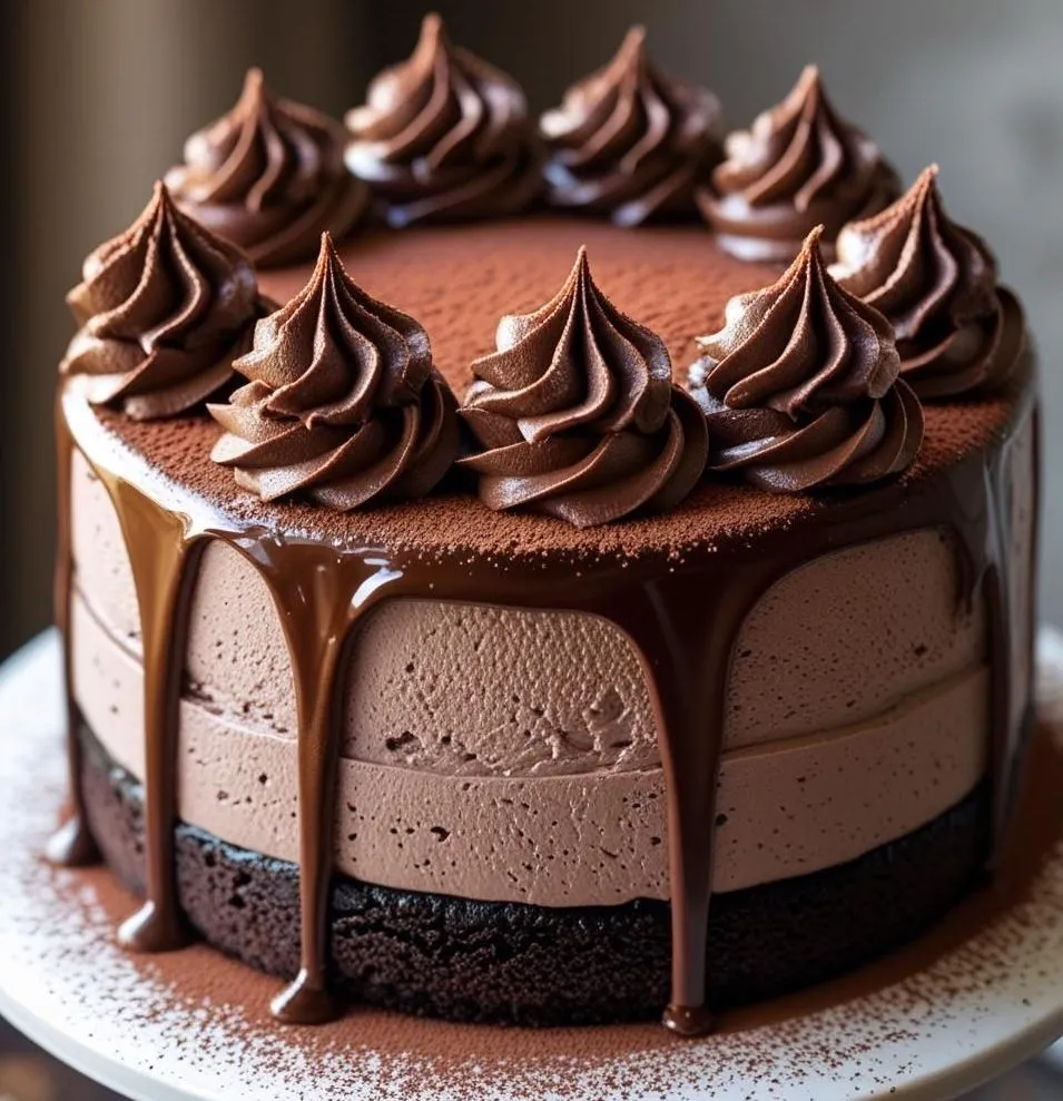 Triple Chocolate Mousse Cake with rich layers of dark, milk, and white chocolate, topped with curls and served on a dessert plate.