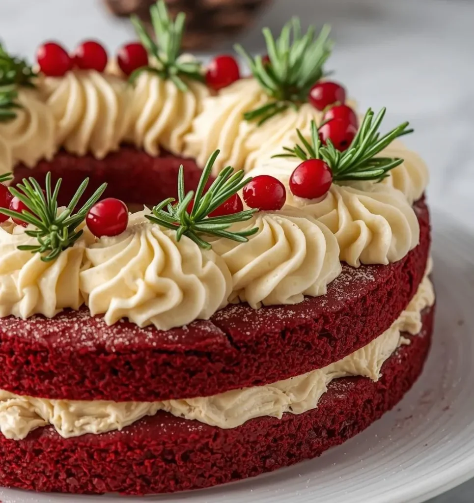 Red Velvet Christmas Wreath Cake decorated with cream cheese frosting and festive green accents