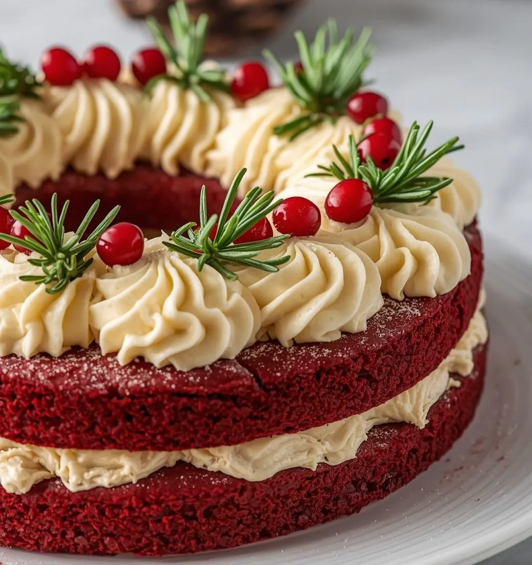 Red Velvet Christmas Wreath Cake decorated with cream cheese frosting and festive green accents
