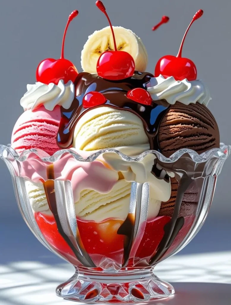 Banana Split Sundae Bowl with vanilla, chocolate, and strawberry ice cream topped with bananas, whipped cream, cherries, sprinkles, and chocolate syrup