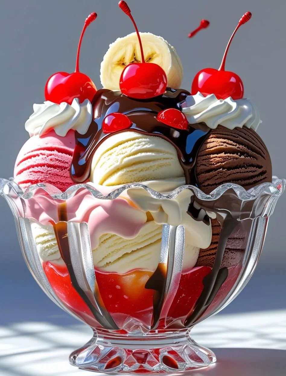 Banana Split Sundae Bowl with vanilla, chocolate, and strawberry ice cream topped with bananas, whipped cream, cherries, sprinkles, and chocolate syrup