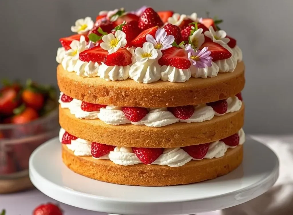 Fresh ingredients for a homemade Strawberry Shortcake Recipe arranged on a wooden table, including bright red strawberries, flour, butter, and cream.