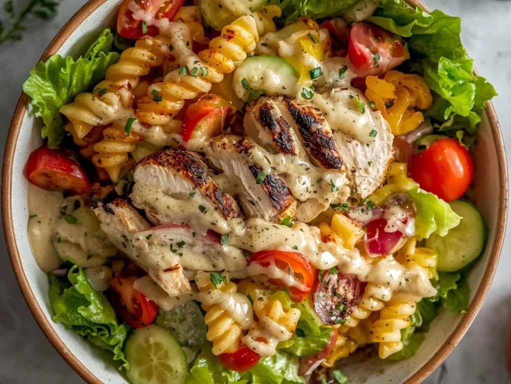Grilled Chicken Pasta Salad Bowl with fresh vegetables and feta cheese