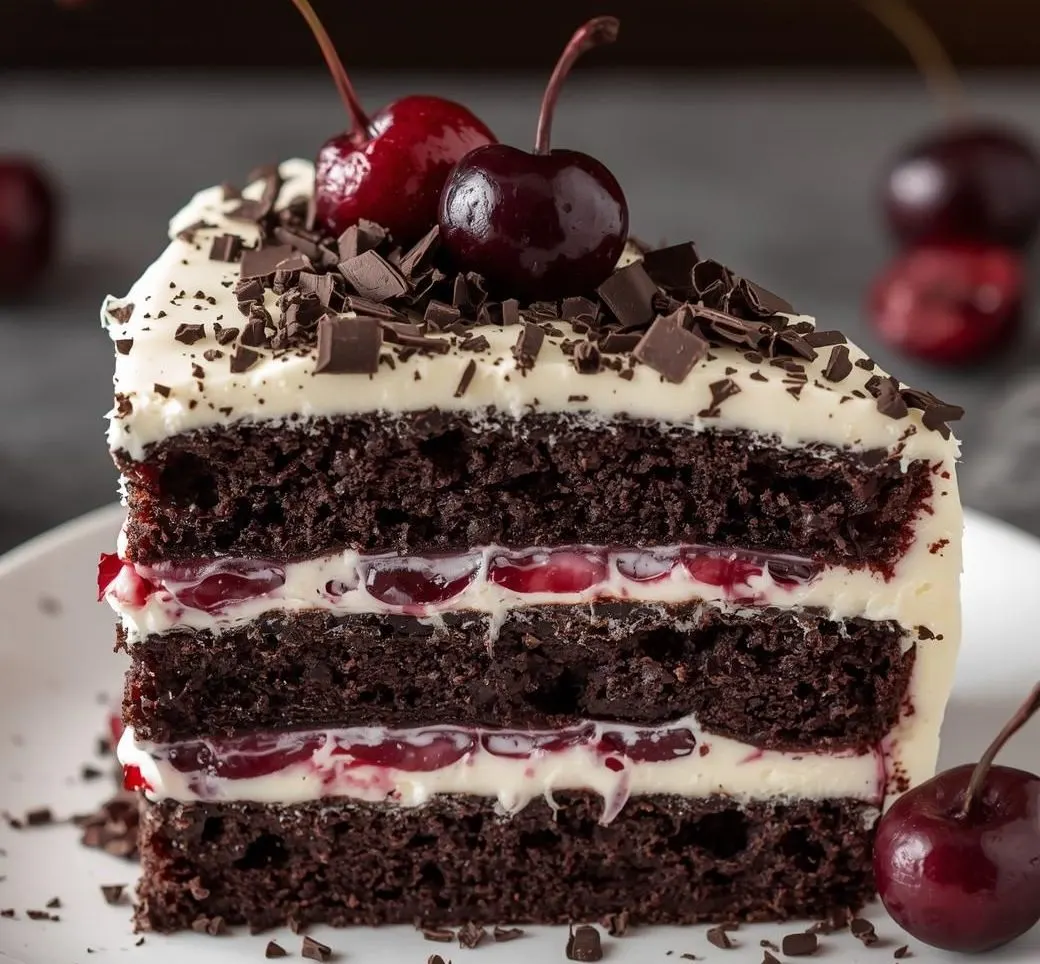 Black Forest Chocolate Cherry Cake topped with whipped cream, chocolate shavings, and fresh cherries