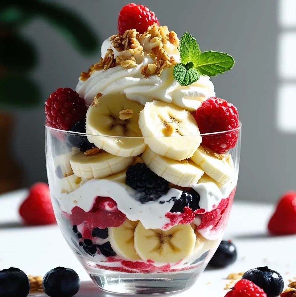 Whipped Cream Fruit Parfait Bowl layered with strawberries, blueberries, mango, kiwi, banana, whipped cream, and granola in a glass bowl
