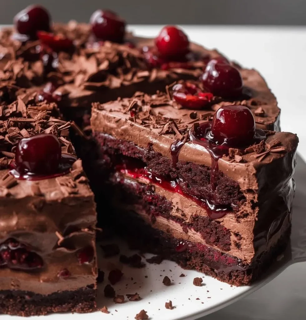 Chocolate Cherry Mousse Cake with rich chocolate layers, creamy chocolate mousse, fresh cherries, and chocolate curls on top