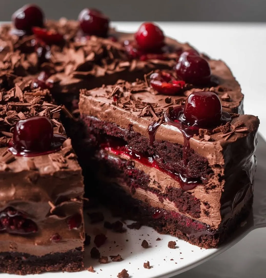 Chocolate Cherry Mousse Cake with rich chocolate layers, creamy chocolate mousse, fresh cherries, and chocolate curls on top