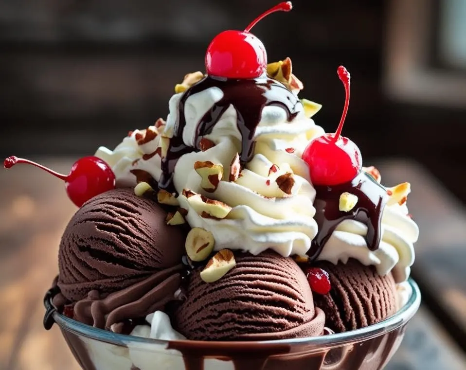 Chocolate Sundae with vanilla ice cream, rich chocolate sauce, whipped cream, sprinkles, and a cherry on top