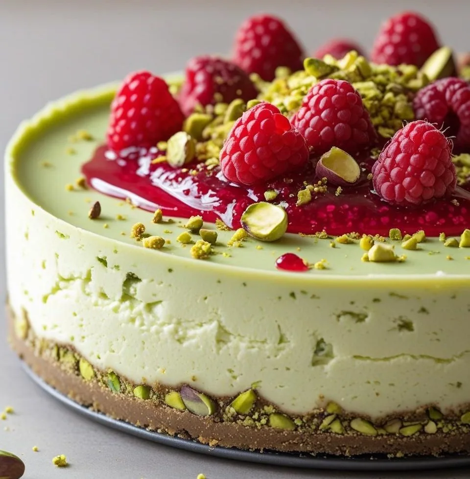 Elegant Pistachio Raspberry Crunch Cheesecake topped with fresh raspberries, chopped pistachios, and creamy cheesecake layers