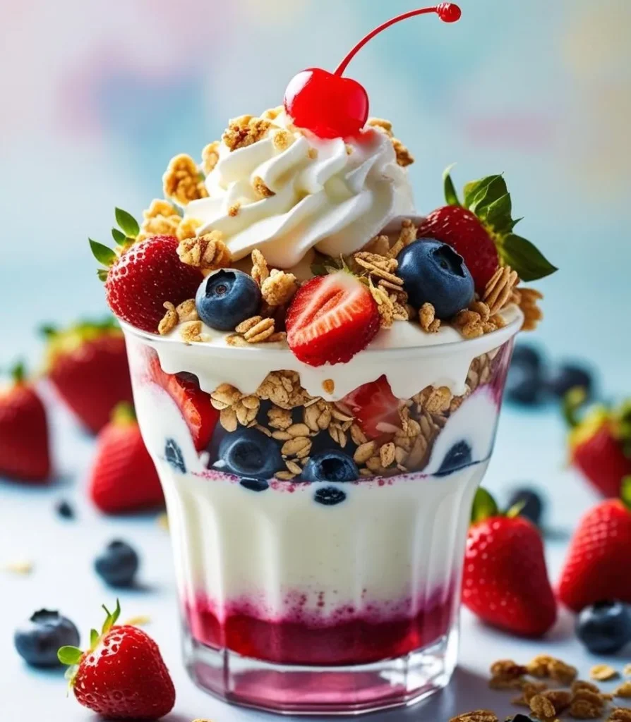 Tall glass filled with a pink berry milkshake, layered with crunchy cereal, topped with fluffy whipped cream, fresh strawberries, and blueberries.