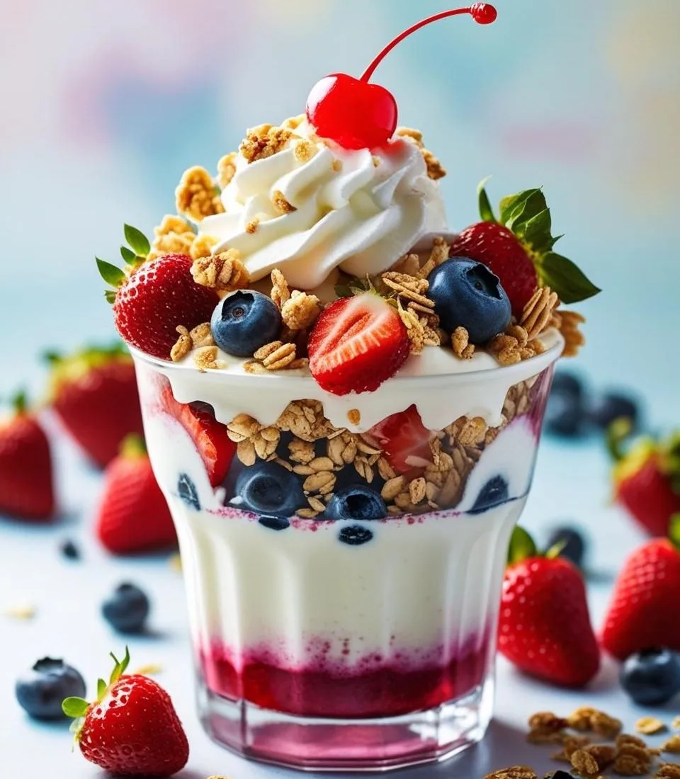 Tall glass filled with a pink berry milkshake, layered with crunchy cereal, topped with fluffy whipped cream, fresh strawberries, and blueberries.