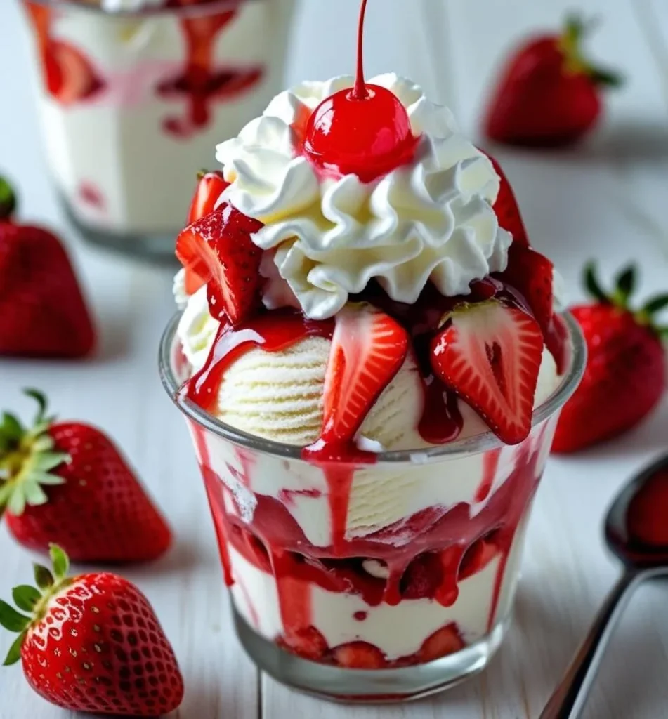 Glass of vanilla ice cream and Strawberry Sundae Recipe sauce with whipped cream.