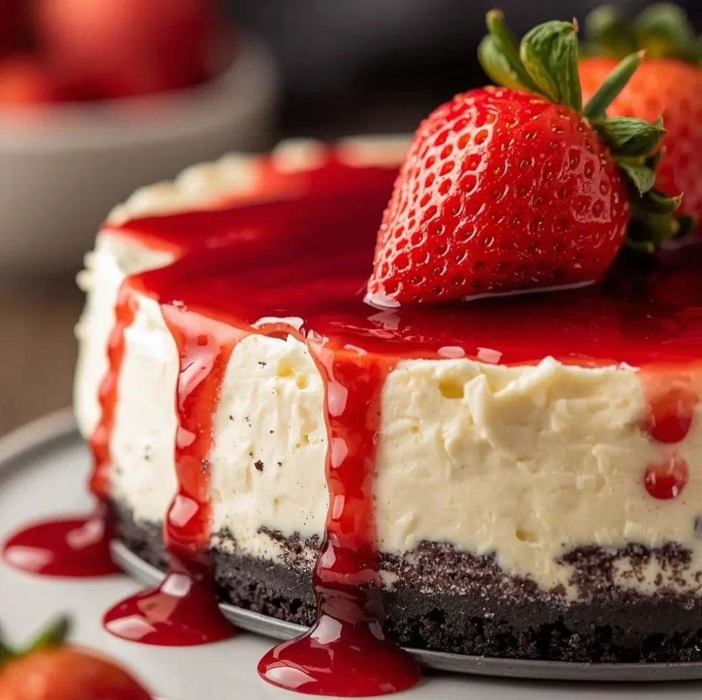 Slice of No-Bake Oreo Cheesecake on a cookie crust topped with vibrant red strawberry sauce and crushed Oreo pieces.