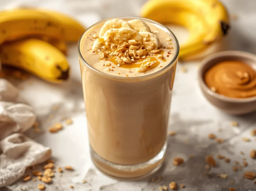 Glass jar of Peanut Butter Banana Smoothie topped with banana slices, peanut butter drizzle, and crushed peanuts.