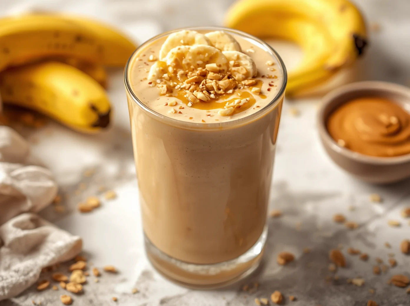 Glass jar of Peanut Butter Banana Smoothie topped with banana slices, peanut butter drizzle, and crushed peanuts.
