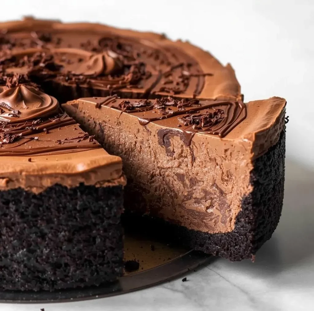 Slice of rich Triple Chocolate Cheesecake Recipe on a plate with chocolate ganache layer and whipped cream.