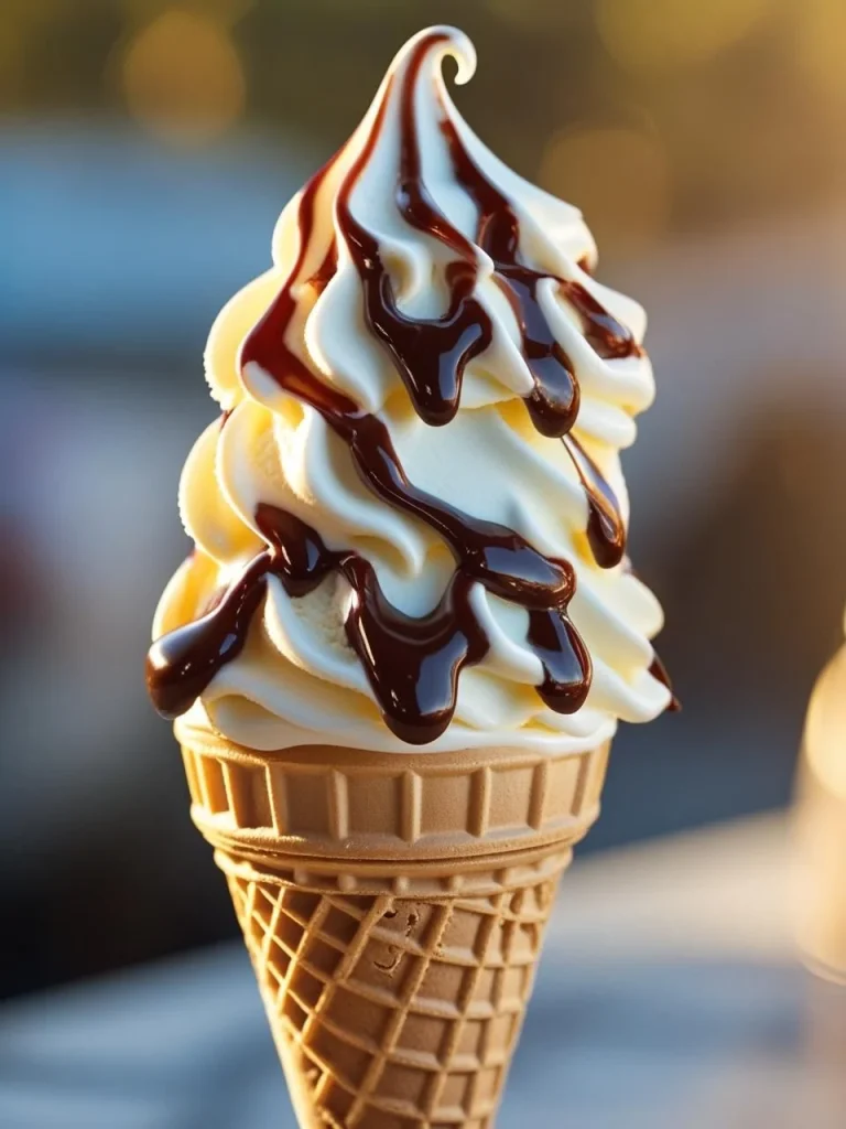 Waffle cone holding vanilla and Chocolate-Drizzled Soft Serve Ice Cream.