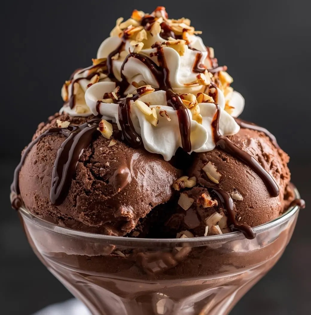Glass bowl filled with scoops for a Chocolate Almond Ice Cream Sundae topped with hot fudge and toasted almonds.