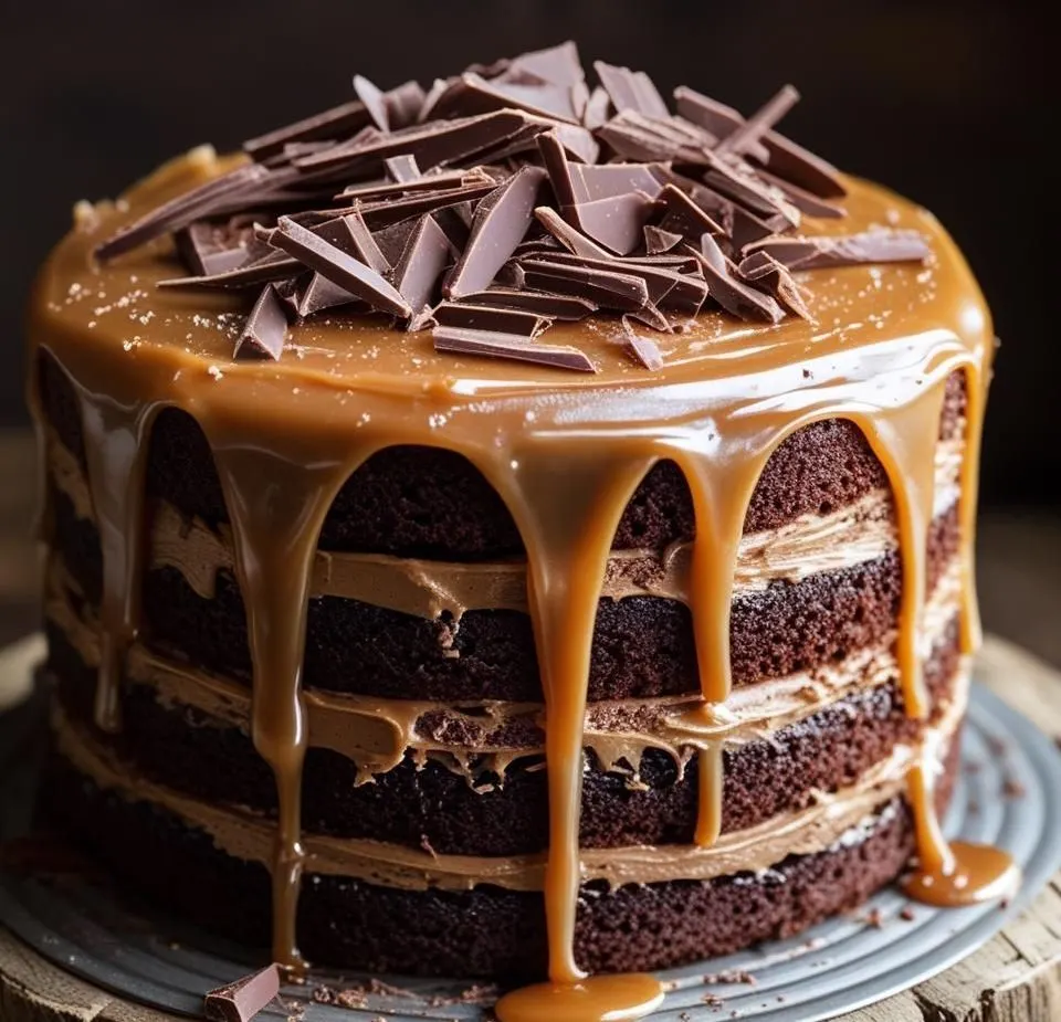 A layered Chocolate Cake with Caramel Buttercream topped with rich caramel drizzle and delicate dark chocolate curls.