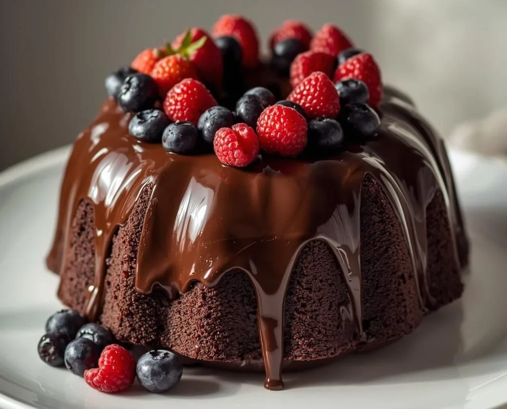 Slice of Chocolate Ganache Bundt Cake drizzled with rich, glossy chocolate glaze on a white plate.