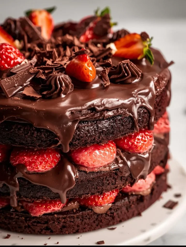 Slice of three-layer Chocolate Strawberry Layer Cake with pink strawberry frosting, rich chocolate ganache drip, and fresh whole strawberries on top.