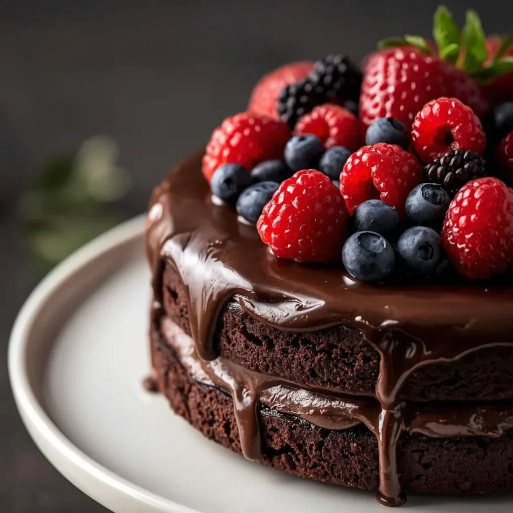 Slice of Rich Chocolate Berry Cake topped with ganache glaze and fresh strawberries, raspberries, and blueberries.