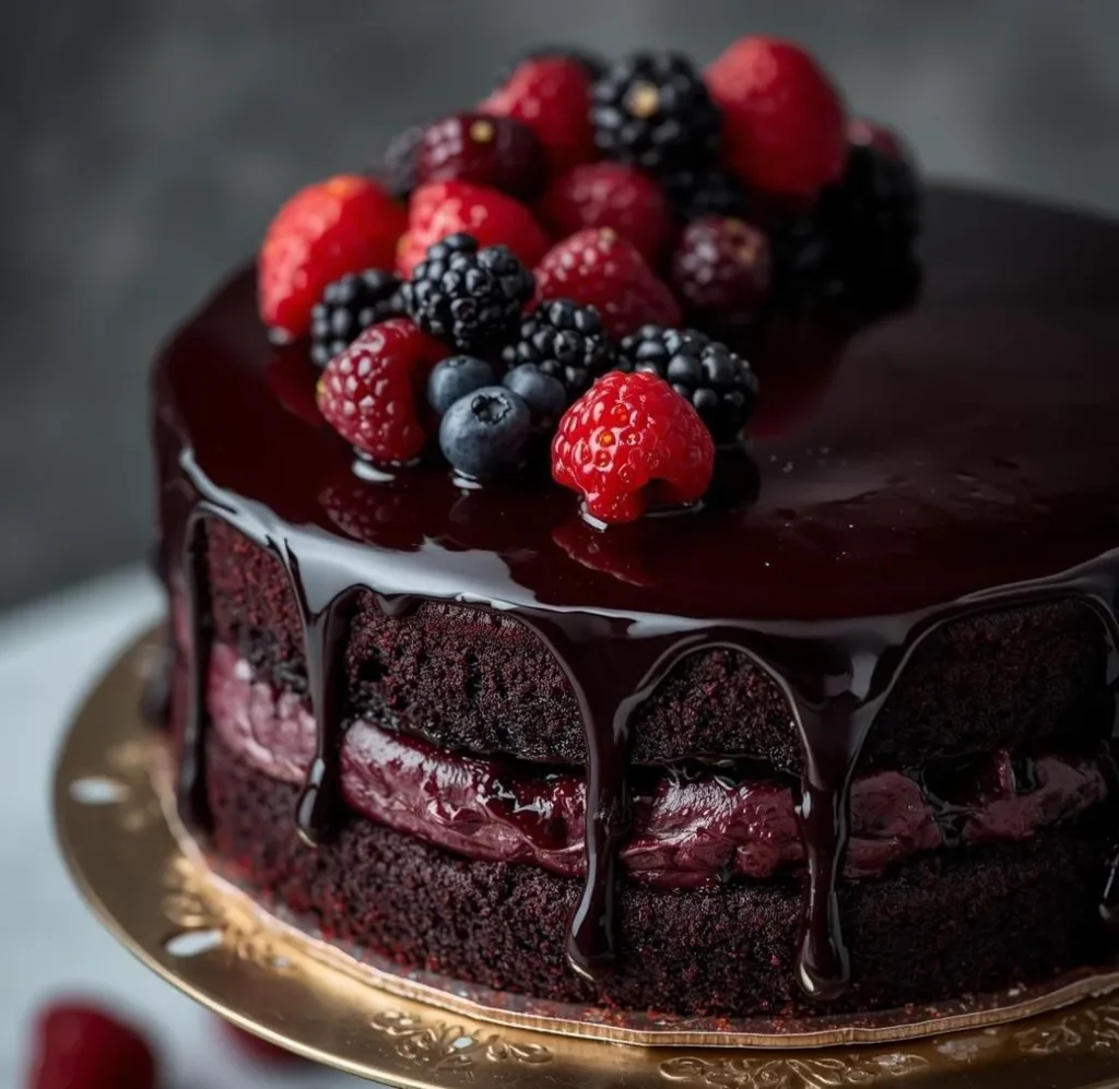 Slice of Black Velvet Berry Cake with deep jet-black cocoa sponge layers, vibrant red berry compote filling, and fresh blackberries.