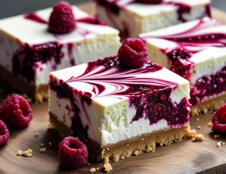 Square slice of Raspberry Marble Cheesecake Bars showing a graham cracker crust and red raspberry swirls on top.