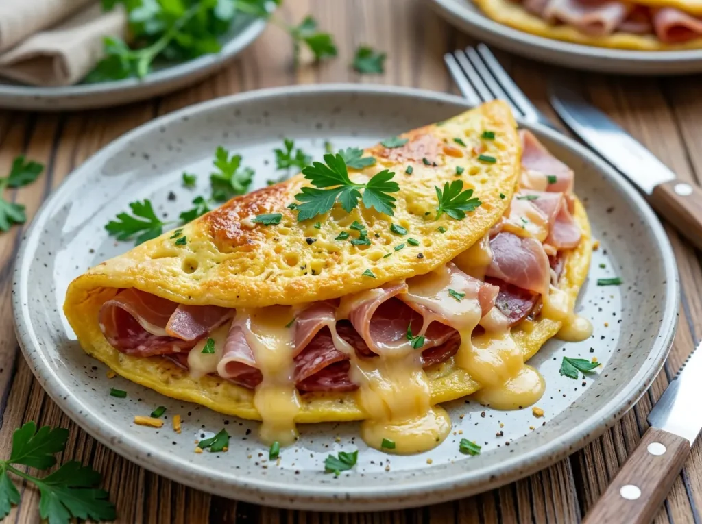 Golden folded Savory Charcuterie Omelette stuffed with prosciutto, melted cheese, and herbs.