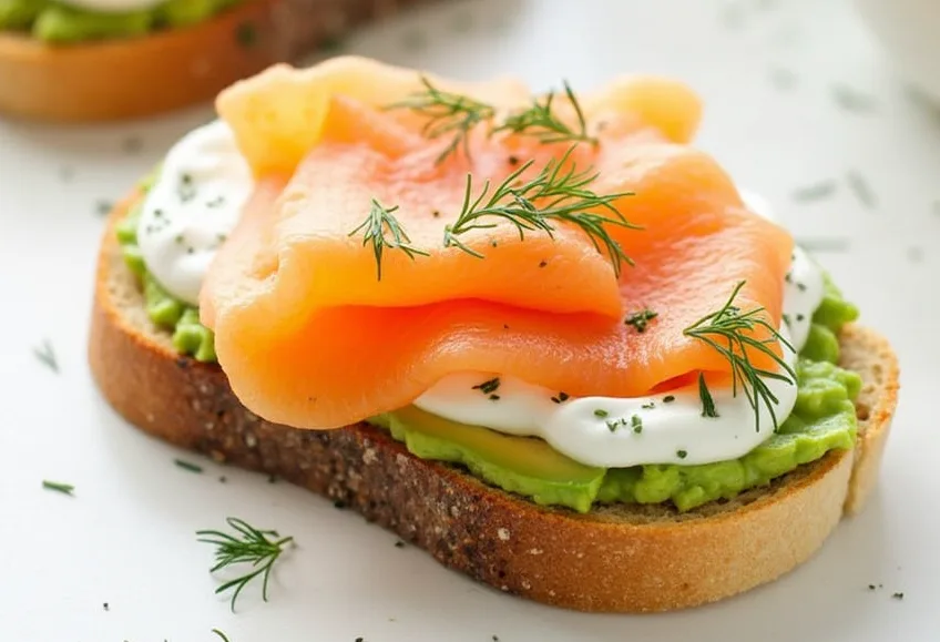 Slice of Smoked Salmon Avocado Toast on thick sourdough bread with Everything Bagel seasoning, capers, and fresh dill.