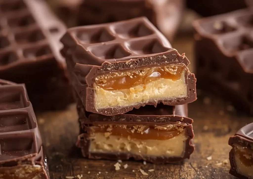 Slice of homemade Mars Candy Bar cut in half, showing a fluffy cocoa nougat base, gooey golden caramel layer, and smooth milk chocolate shell.