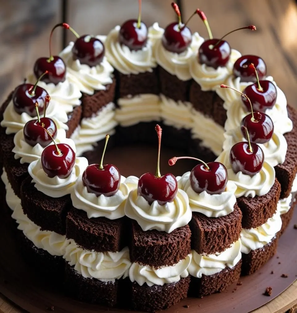 Black Forest Swiss Roll Cake sliced on a platter with whipped cream and cherries.