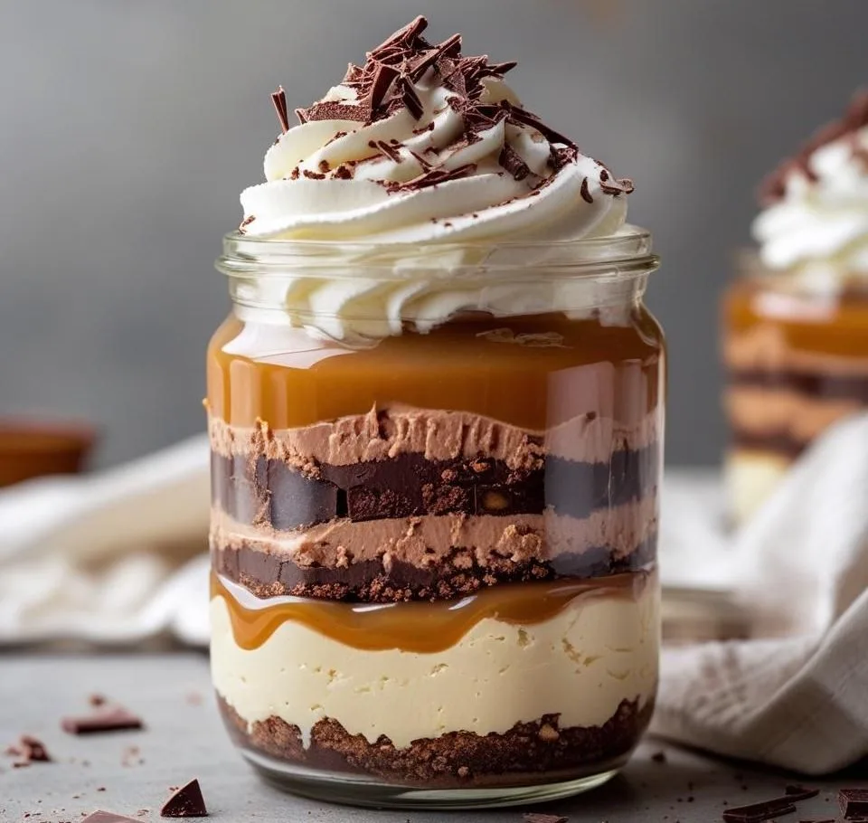 Mason jars filled with layers of dark cookie crust, creamy chocolate cheesecake, and caramel sauce drizzle.