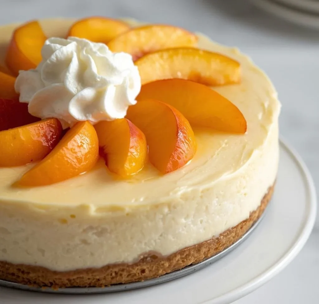Slice of Creamy Peach Delight Cheesecake with a buttery graham cracker crust, smooth white filling, fresh sliced peaches, and a glossy peach glaze.