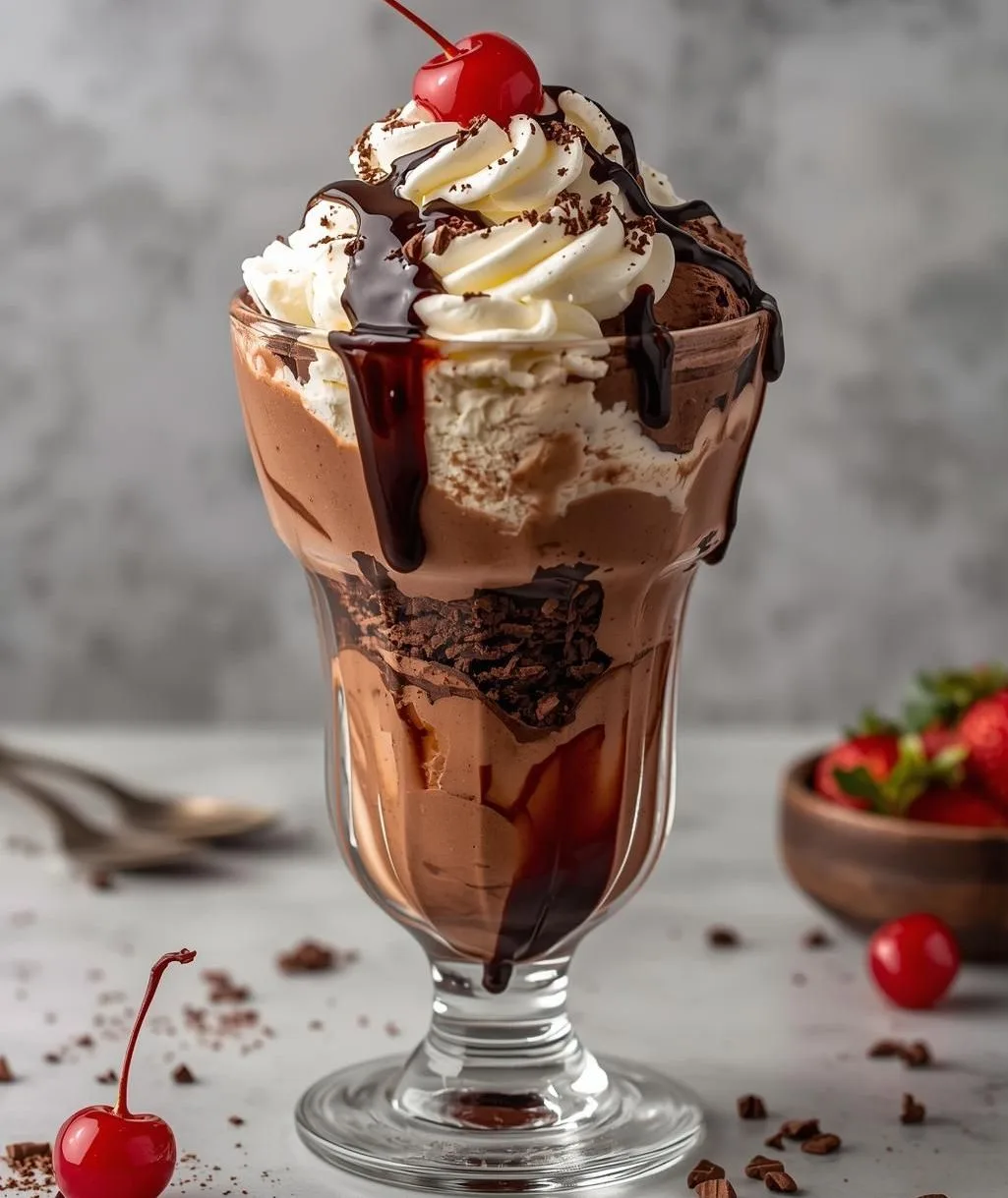 Tall glass of rich Chocolate Sundae Parfait Recipe layered with chocolate pudding and whipped cream.