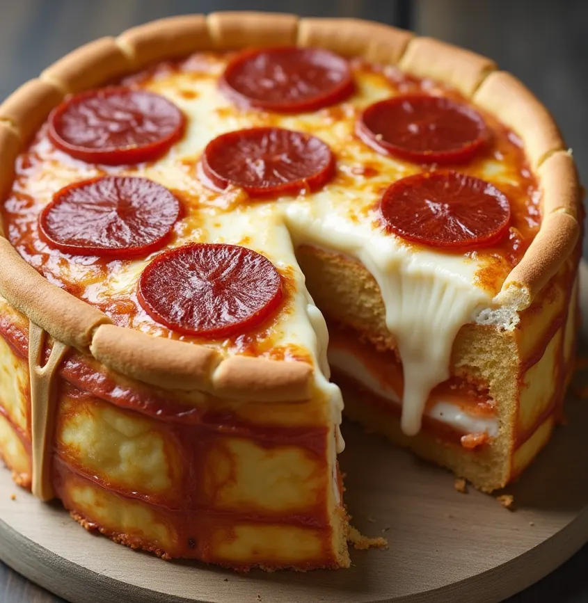 Slice of Pepperoni Pizza Cake showing multiple layers of crust, marinara, melted mozzarella, and pepperoni.